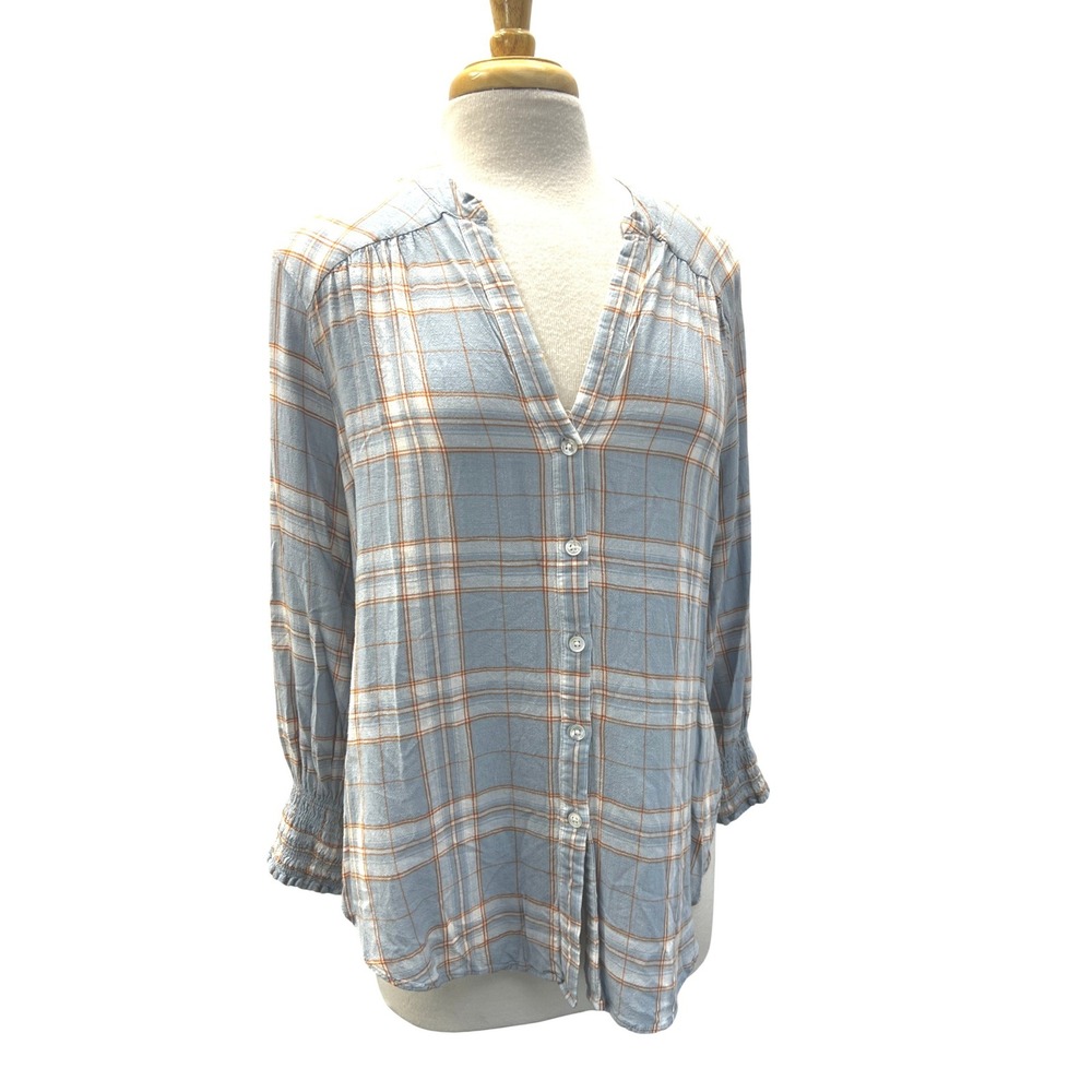 Veronica Beard Jeans Plaid Top Womens 12 Blue Excellent Smocked Cuff Linen Blend
